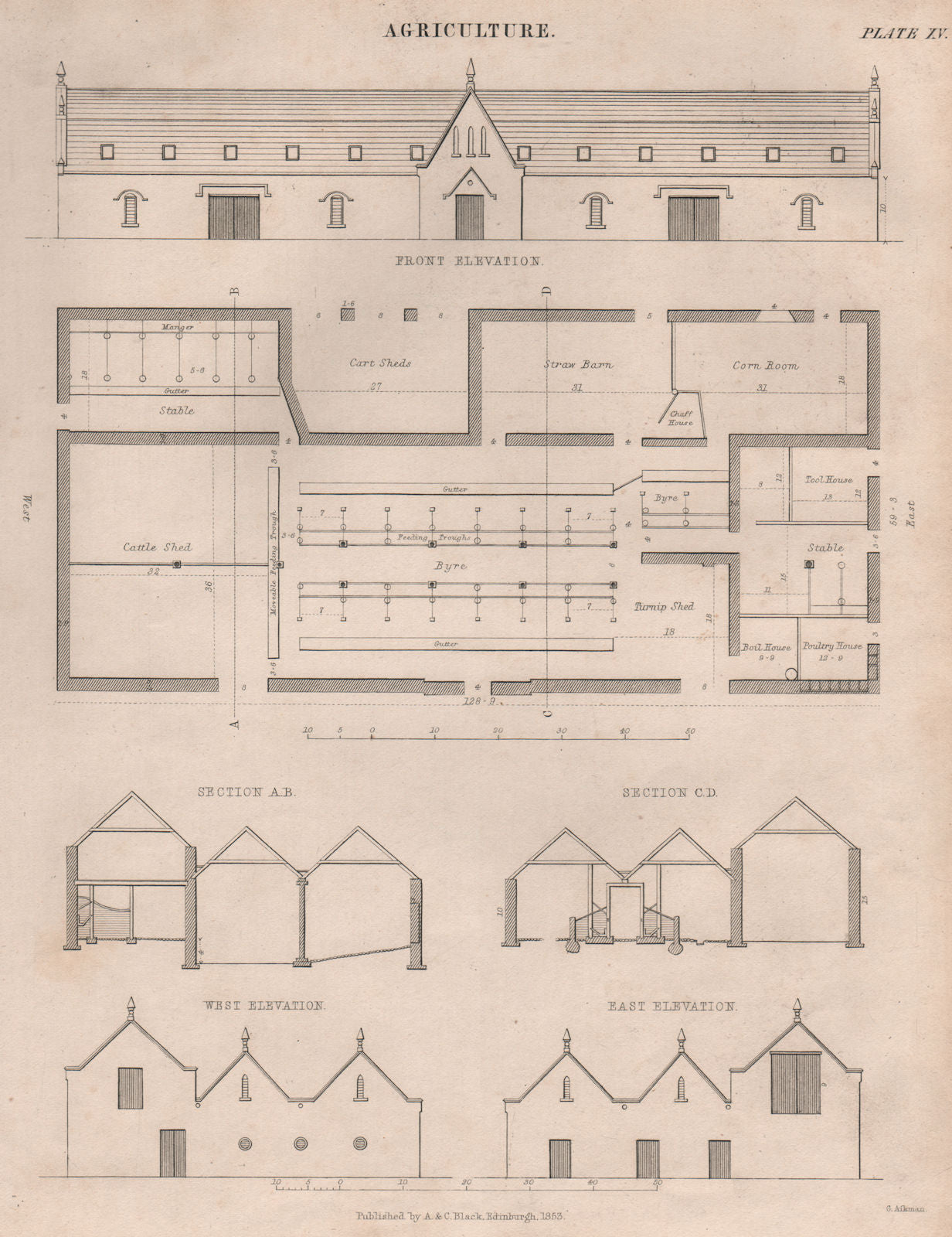 Agriculture. Farm buildings plan. Cattle shed byre barn shed. BRITANNICA 1860